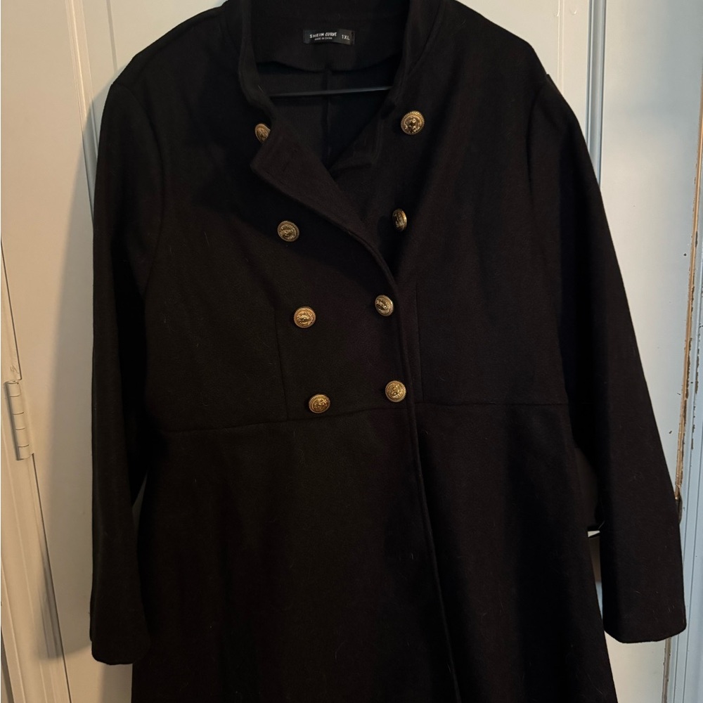 SHEIN Elegant Black Pea Coat with Gold Accents
